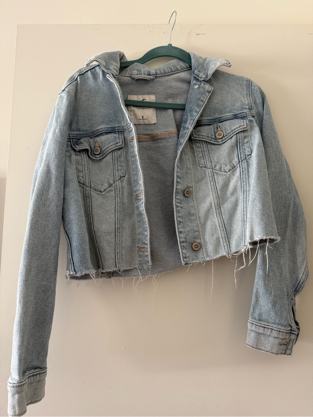 Hollister Light Blue Cropped Denim Jacket with Raw Hem